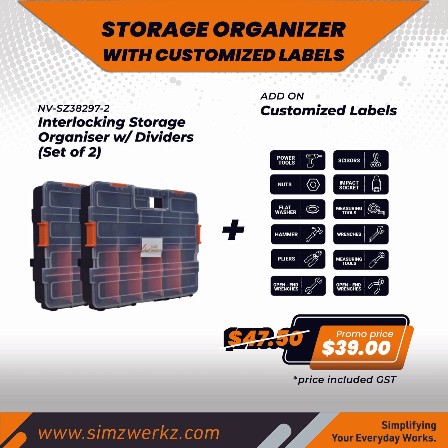 Simz Werkz Interlocking Storage Organiser w/ Dividers (Set of 2) w/ Customized Labels