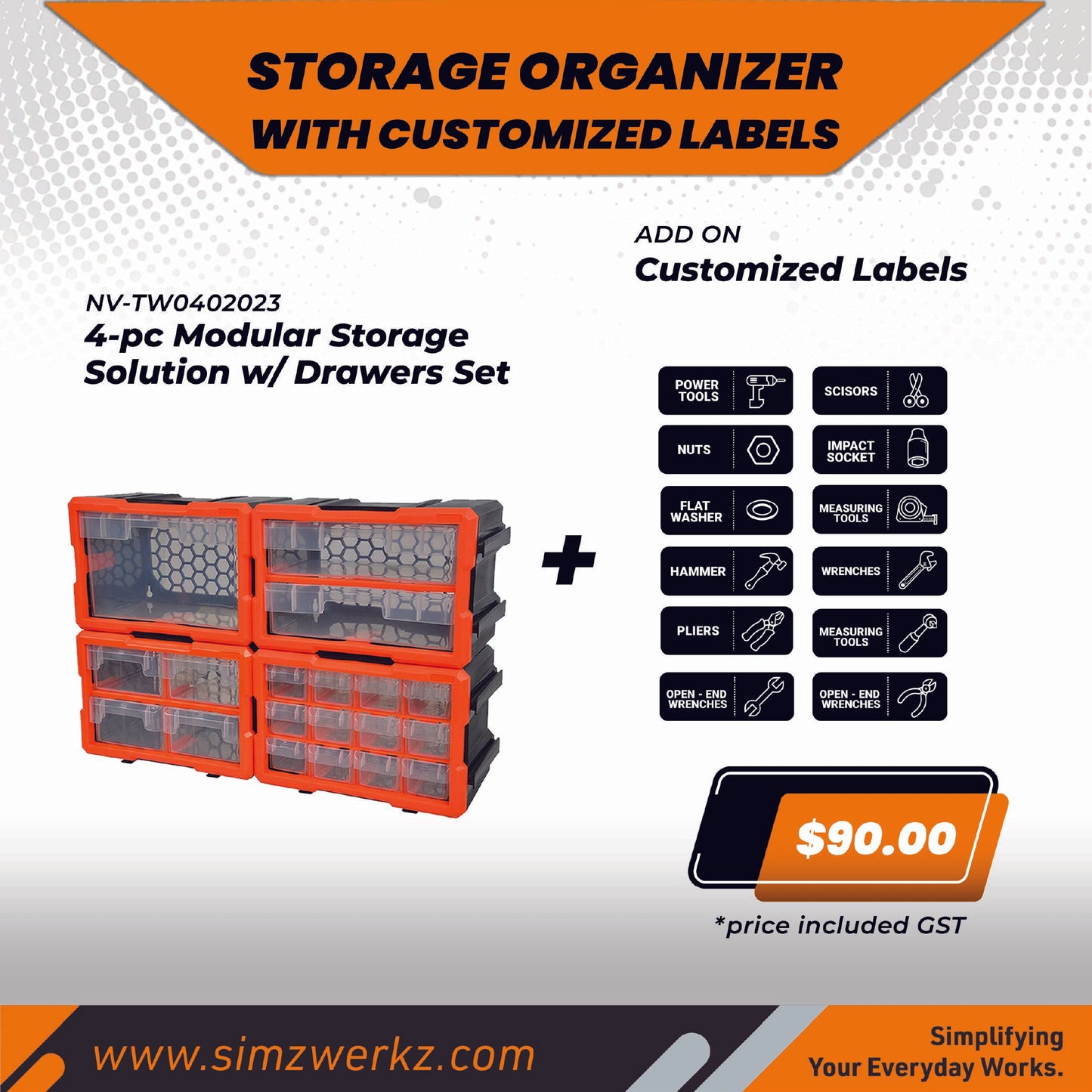 Simz Werkz 4-pc Modular Storage Solution With Drawers Set w/ Customized Labels
