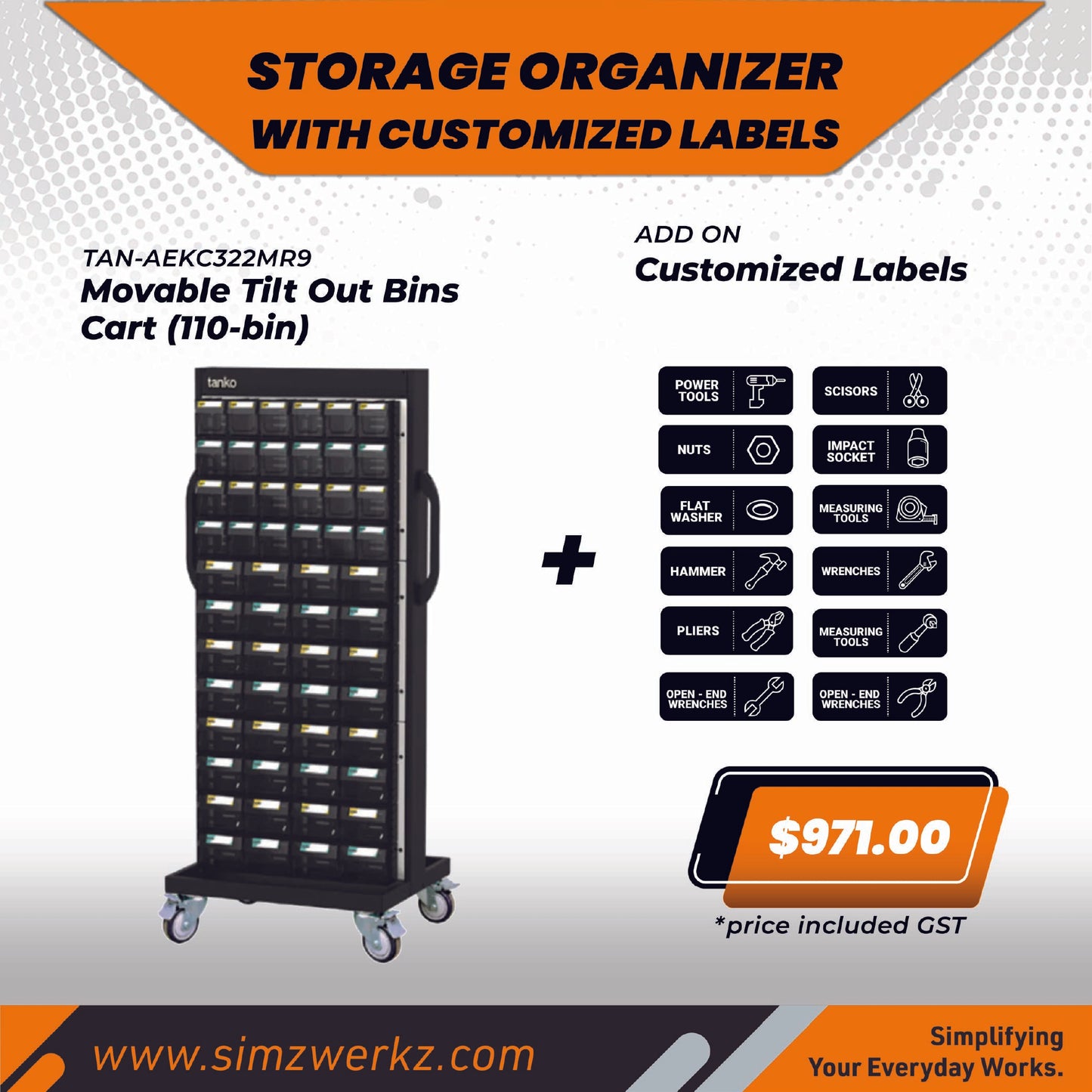TANKO Movable Tilt Out Bins Cart (110-bin) w/ Customized Labels