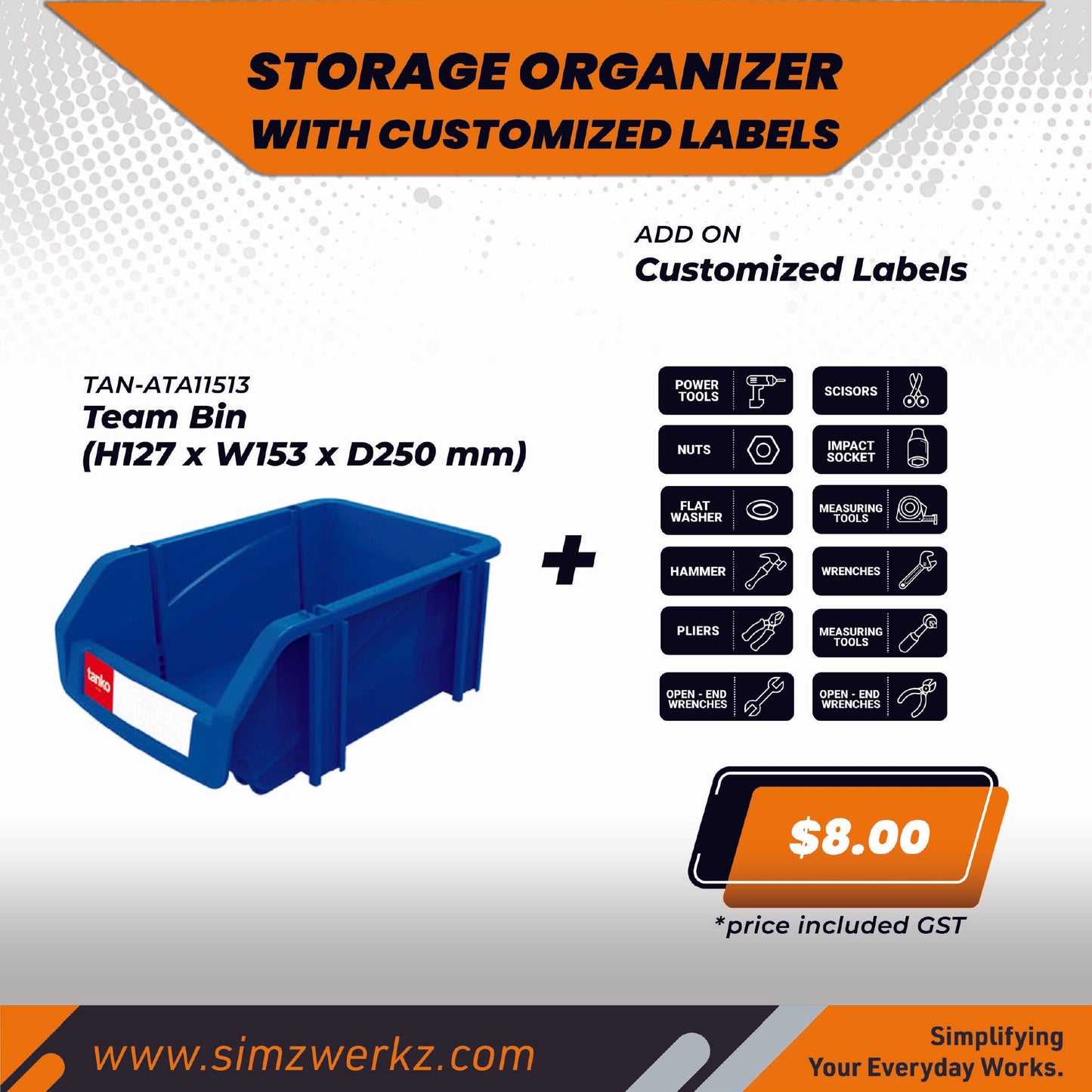 TANKO Team Bin - H127 x W153 x D250 mm w/ Customized Labels
