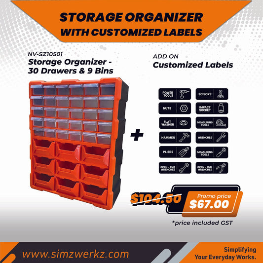 Simz Werkz 30 Drawers & 9 Bins Storage Organizer w/ Customized Labels