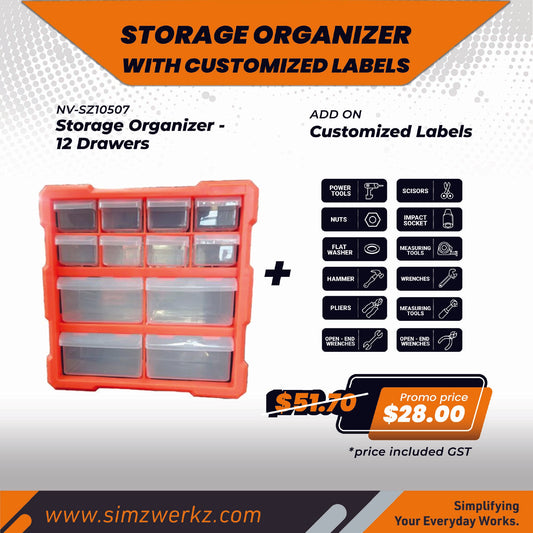 Simz Werkz Storage Organizer - 12 Drawers w/ Customized Labels