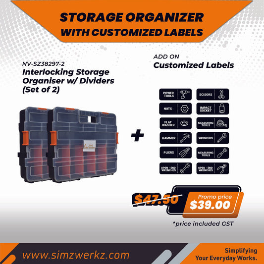 Simz Werkz Interlocking Storage Organiser w/ Dividers (Set of 2) w/ Customized Labels