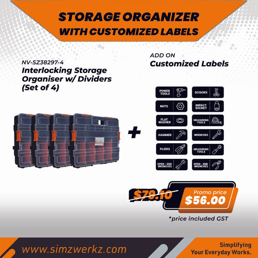 Simz Werkz Interlocking Storage Organiser w/ Dividers (Set of 4) w/ Customized Labels