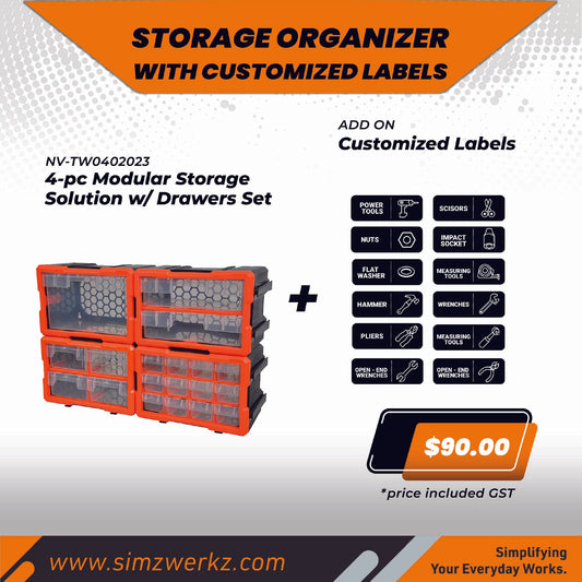 Simz Werkz 4-pc Modular Storage Solution With Drawers Set w/ Customized Labels