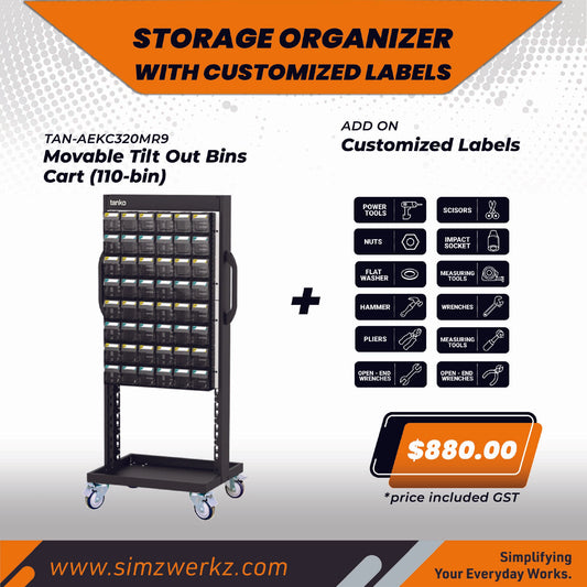 TANKO Movable Tilt Out Bins Cart (96 Small Bins) w/ Customized Labels