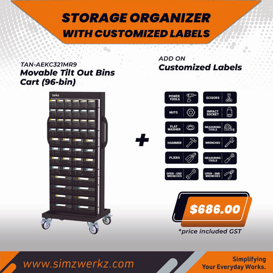 TANKO Movable Tilt Out Bins Cart (96-bin) w/ Customized Labels