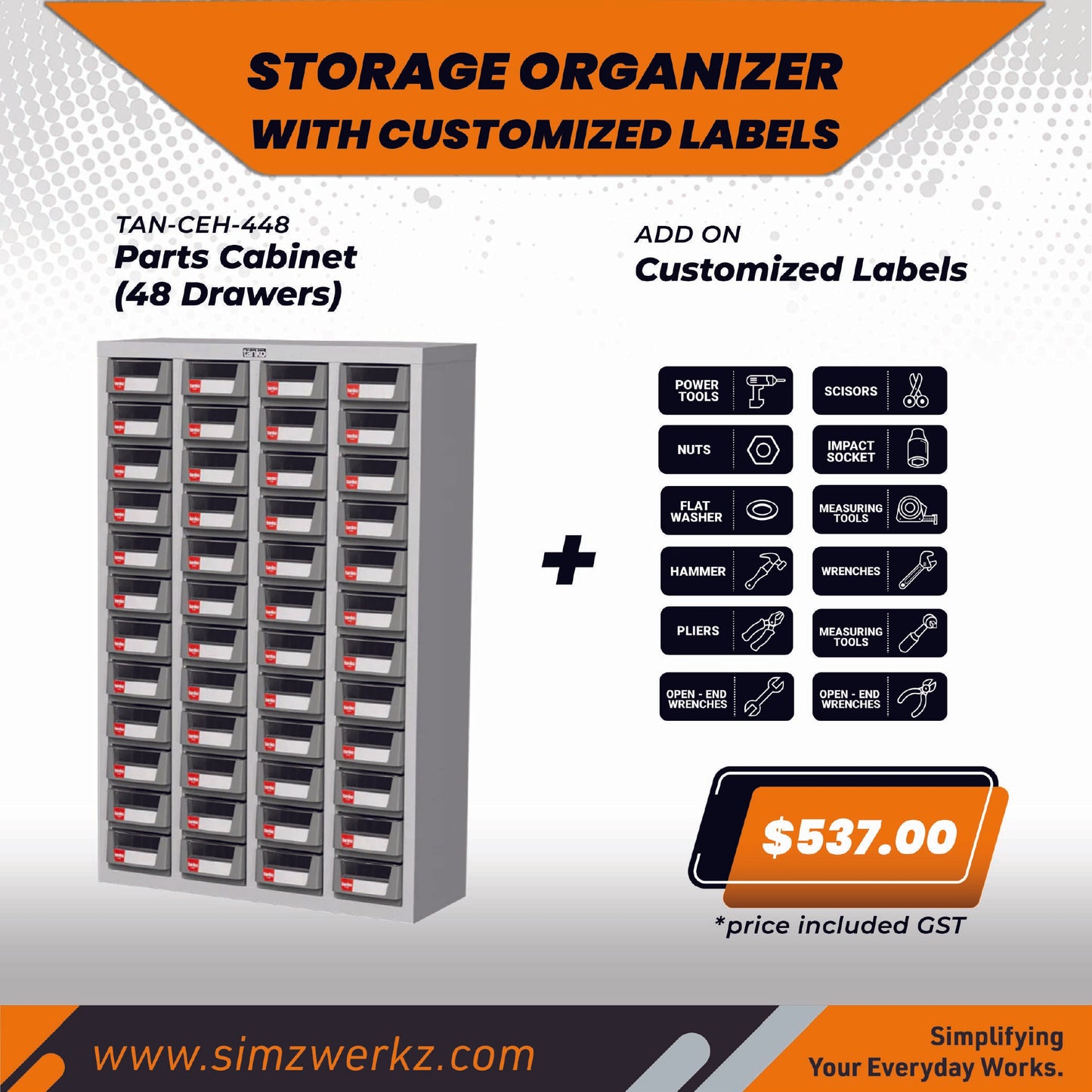 TANKO Parts Cabinet (48 Drawers) w/ Customized Labels