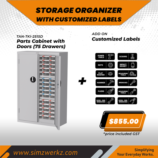 TANKO Parts Cabinet with Doors (75 Drawers) w/ Customized Labels